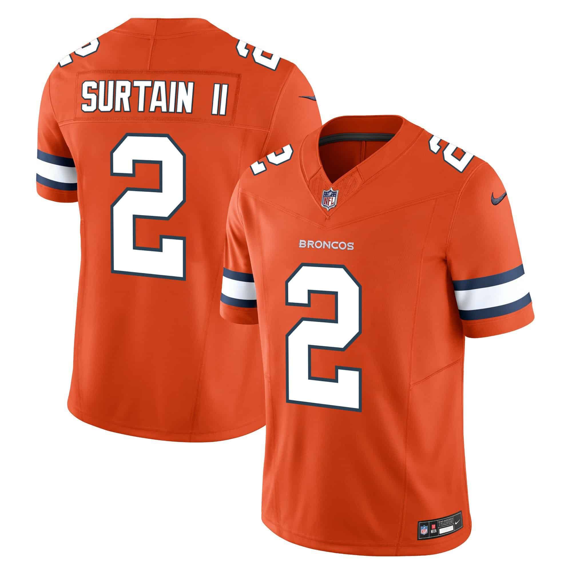 Men Denver Broncos #2 Surtain ii Orange 2024 Nike Vapor Limited NFL Jersey style 2